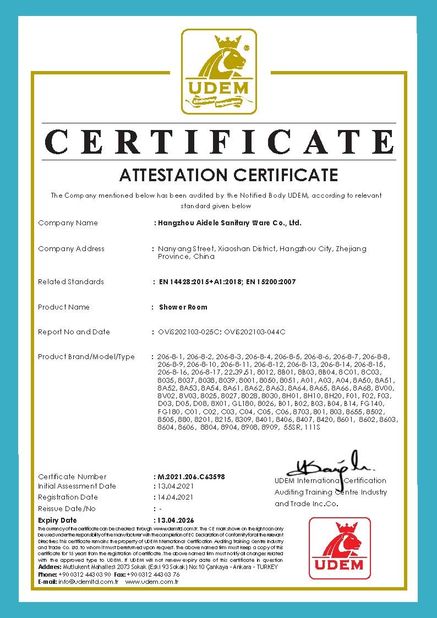 الصين Hangzhou Aidele Sanitary Ware Co., Ltd. الشهادات